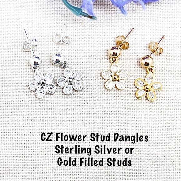 CZ Flower Stud Dangle in Gold Filled or Sterling Silver, Small Flower Dangle - Picture 2 of 10